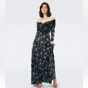 Diane Von Furstenberg 'Stassi' Shimmer Mesh Maxi Dress Sz S Black Star Print NWT